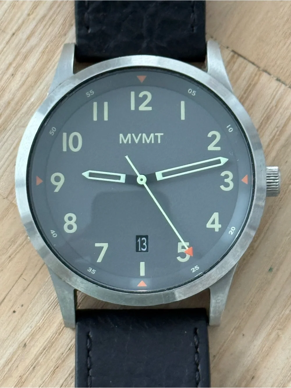 MVMT by Movado Field Watch Gray Dial Leather Strap Date New Crystal and Battery